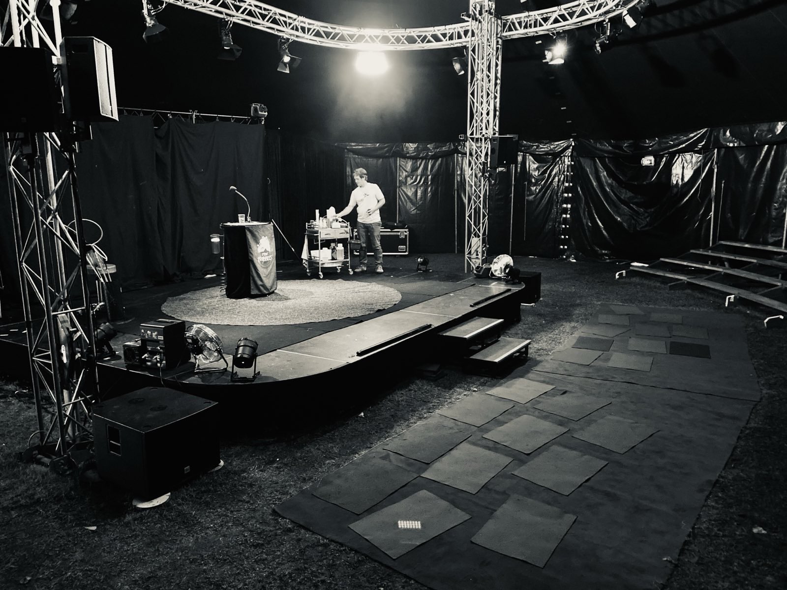 Backstage touring setup for Prof. Bubbles Alchemy theatre show
